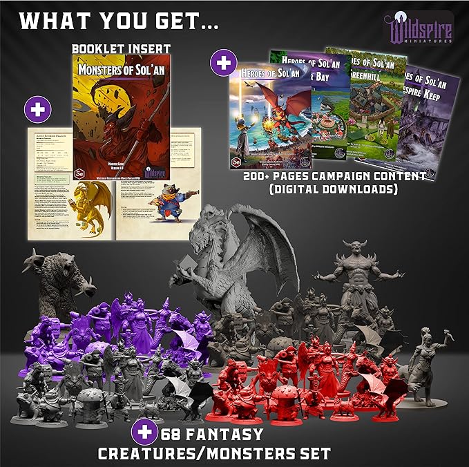 Wildspire Fantasy Monsters & Bookish Dragon for DND Miniatures Unpainted Bulk 28mm-32mm Dungeons & Dragons Minis Pathfinder Figures Fantasy Unpainted Tabletop RPG Miniature Starter Set for D&D