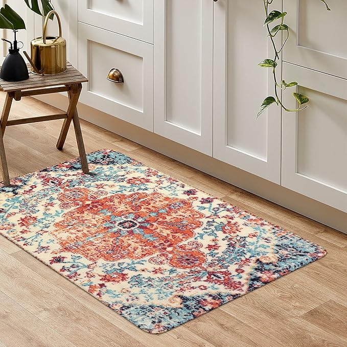 Lahome Bohemian Floral Medallion Area Rug - 2x3 Oriental Distressed Small Bath Rug Country Vintage Doormat Faux Wool Non-Slip Washable Low-Pile Carpet for Bathroom Kitchen Laundry Room Decor