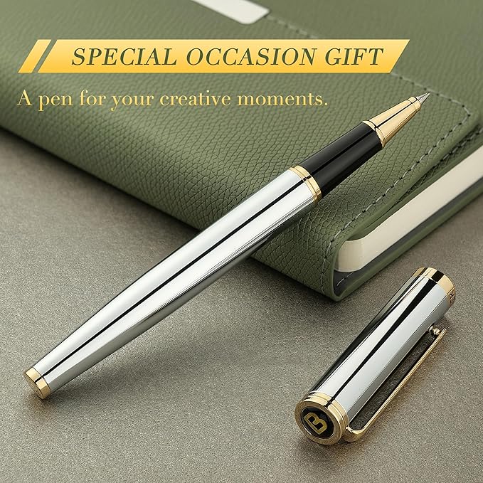 BEILUNER Luxury Rollerball Pen, Stunning Silver Chrome with 24K Gold Finish,Noble and Elegant Designs,Schneider Ink Refill, Best Gift Pen for Men & Women, Professional, Executive Office, Fancy Pens