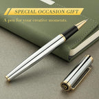 BEILUNER Luxury Rollerball Pen, Stunning Silver Chrome with 24K Gold Finish,Noble and Elegant Designs,Schneider Ink Refill, Best Gift Pen for Men & Women, Professional, Executive Office, Fancy Pens
