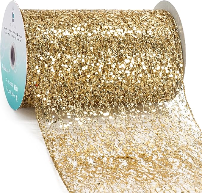 CT CRAFT LLC Sparkling Glitter Mesh Wired Ribbon 6" x 10 Yards Gold for Christmas Home Decor Bow Gift Wrapping DIY Crafts Wreath