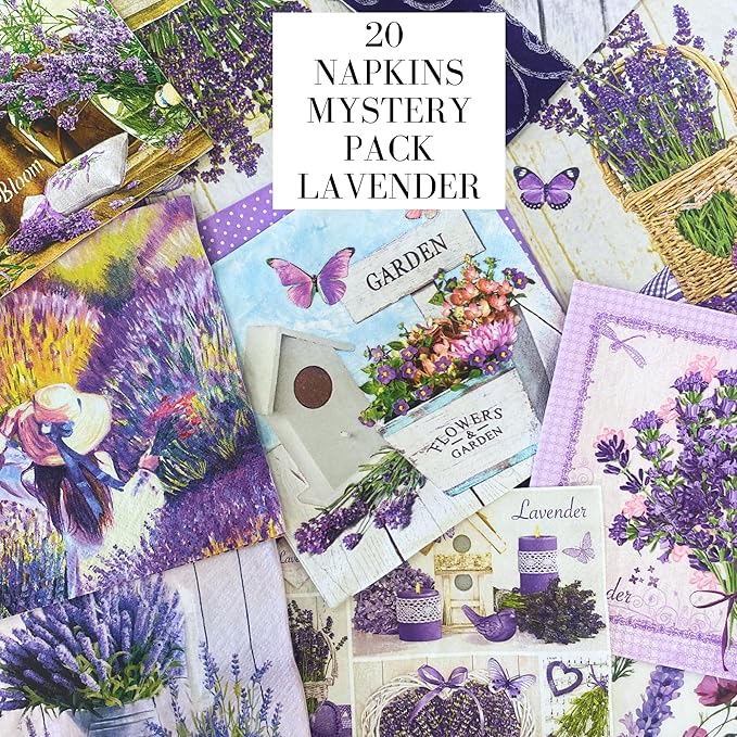 Mystery Pack Decoupage Paper Napkins, 20-ct Assorted Surprise Napkins, Decorative Napkins Lavender for Art Craft Junk Journal, 20 Different Designs