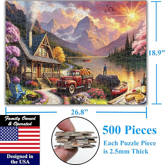 Think2Master Lakeside Mountain Retreat 500 Pieces Large Format Jigsaw Puzzle: Kids 12+, Teens, Adults & Families. Escape to a World of Tranquility and Rustic Charm. Great Gift. Size: 26.8” X 18.9”