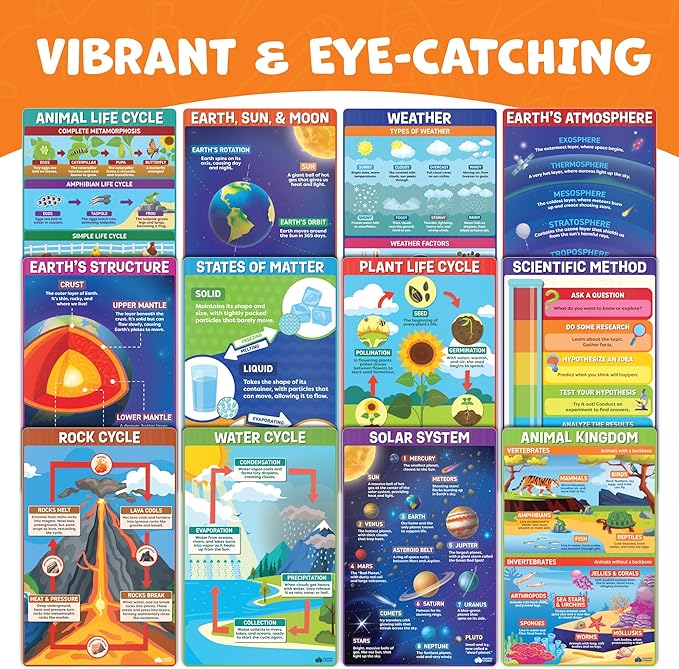 Science Posters for Classroom Middle School Elementary School - 12pc Science Classroom Decor Must Haves Posters Decorations - 17” x 11” - Scientific Method, Solar System, Matter, Animal Kingdom