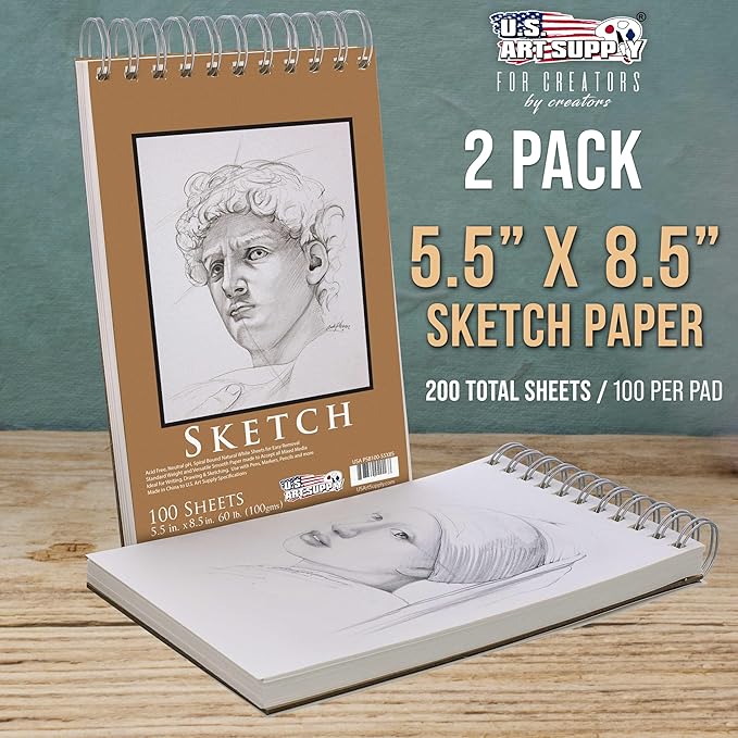 U.S. Art Supply 5.5"x8.5" Top Spiral Bound Sketch Book, 2 Pack, 100 Sheets Each, 60lb (100gsm), Acid-Free, Artist Sketchbook, Drawing Pad for Adults & Students