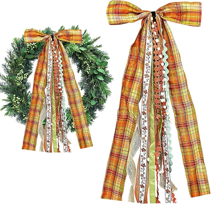 Large Fall Ribbon Bow for Wreath, Orange Buffalo Plaid Fabric Ribbons Set Assorted Lace Ribbon Fall Clip-On Wreath Sash Ribbons Bundle for Thanksgiving Indoor Outdoor Decor