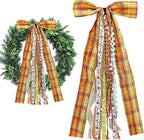 Large Fall Ribbon Bow for Wreath, Orange Buffalo Plaid Fabric Ribbons Set Assorted Lace Ribbon Fall Clip-On Wreath Sash Ribbons Bundle for Thanksgiving Indoor Outdoor Decor