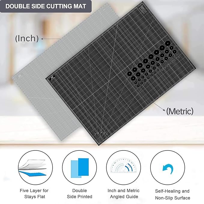 Headley Tools Thickened 36 x 48 Inch Self Healing Sewing Cutting Mat, A0 Rotary Cutting Sewing Mat for Crafts, Double Sided 5-Ply Table Cutting Board for Fabric Quilting Leather Hobby, Grey/Black
