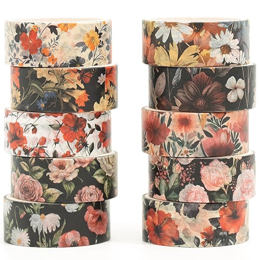 10 Rolls Blooming Flowers Washi Tape Set Floral Arts Adhesive Tapes Colorful Garden Decorative Masking Tape Sets for Craft, Kids, Scrapbook, DIY, Gift Wrapping (3-Blooms)