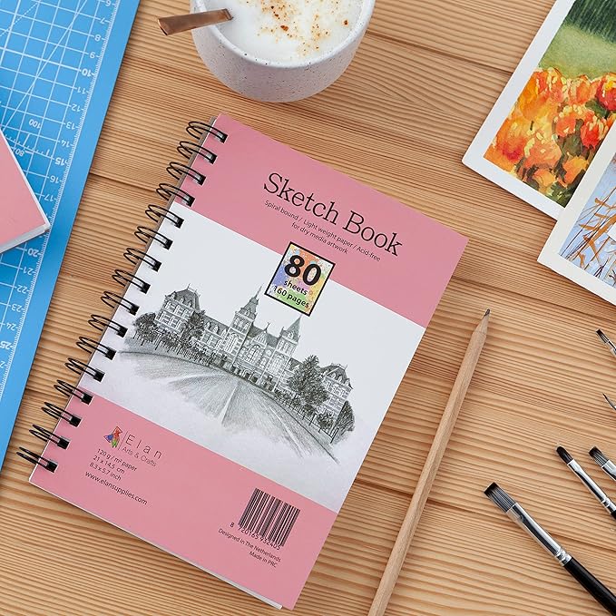 Elan A5 Sketchbook, 80 Sheets Italian Paper 80 lb/120 GSM, Acid-Free Sketch Book 8.3x5.8 Inch, White Drawing Paper Pad, Spiral Bound Sketchbook A5