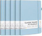 feela 5 Pack Notebooks Journals Bulk, Hardcover Notebook Classic Ruled Lined Journals with Pen Holder for Women Girls School Business Supplies, with 5 Black Pens, 120 GSM, 5.1”x8.3”, A5, Light Blue