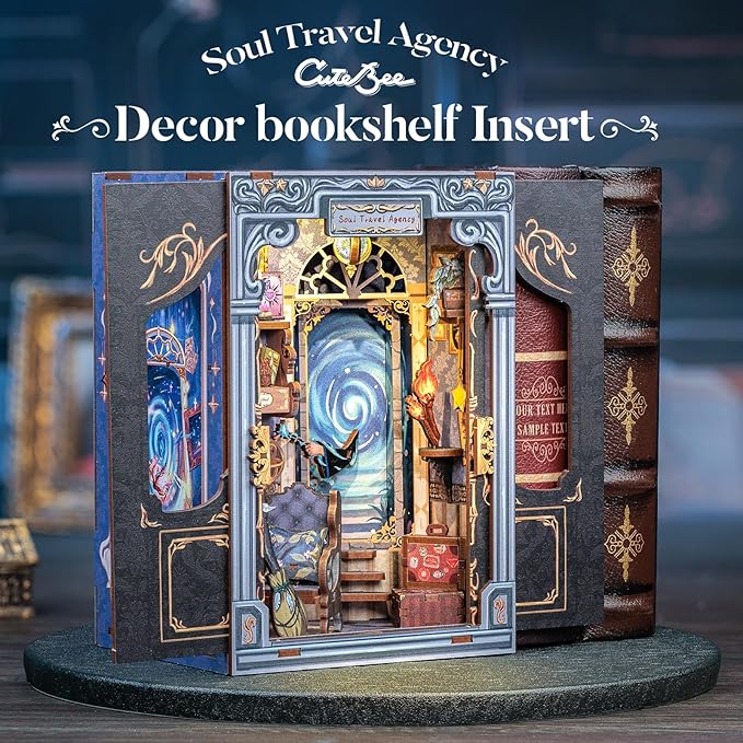 CUTEBEE Book Nook Kit - DIY Miniature House Dollhouse Kit for Adults and Teens, Booknook Tiny House Bookshelf Decor 3D Wooden Puzzle, Gifts for Family Friends (Soul Travel Agency)