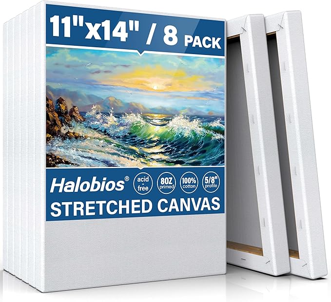 Blank Canvases for Painting with 11x14 inch, 8 Packs Stretched Canvases for Acrylics, Oils, Watercolors & Other Painting Media, 5/8 Inch Profile 100% Cotton Primed Artist Framed Canvas