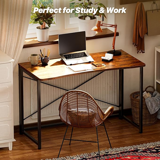 Huuger Folding Desk for Small Spaces, 39.3 Inch Foldable Computer Table, for Home Office, Study, Bedroom, Dorm, Space Saving, Small Writing Work Office Computer Desk, Easy to Fold, Rustic Brown