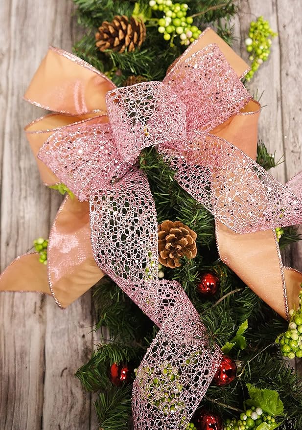CT CRAFT LLC Sparkling Glitter Mesh Wired Ribbon 2.5" x 10 Yards Rose Gold for Christmas Home Decor Bow Gift Wrapping DIY Crafts Wreath