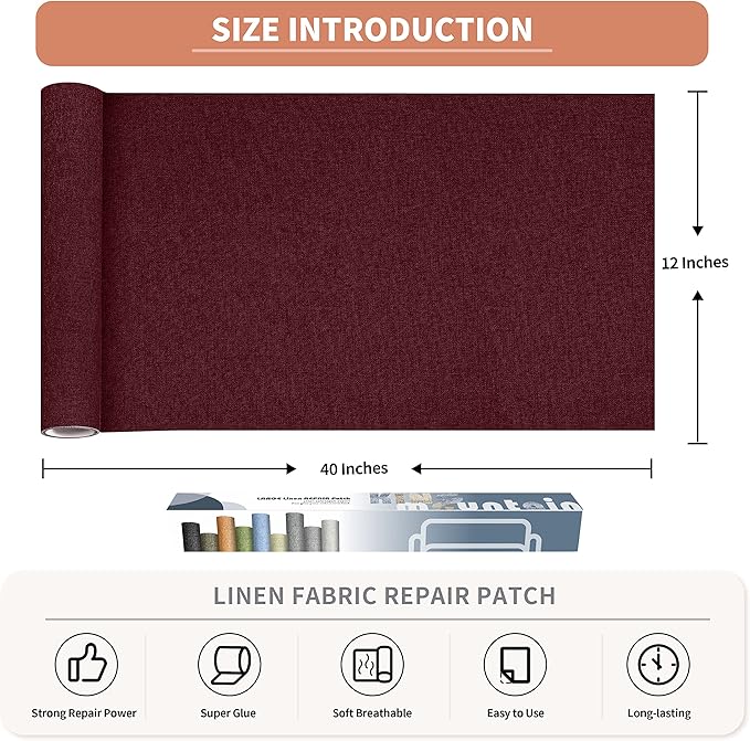 Fine Linen Fabric Patches, Self-Adhesive, Extra Large 12x40 Inch, Multi Color, for Sofa & Clothes Repair (Burgundy)