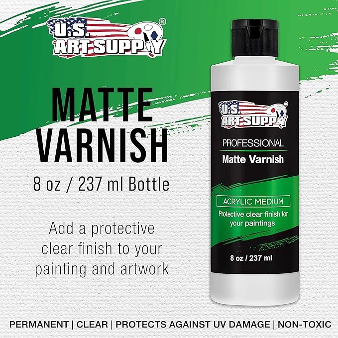U.S. Art Supply 8 oz Matte Acrylic Varnish for Acrylic Painting, Permanent Clear Protection, Reduces UV & Photography Glare