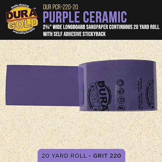 Dura-Gold Premium 220 Grit PSA Purple Film Ceramic Longboard Sandpaper, 2-3/4" Wide Continuous 20 Yard Roll - Self Adhesive Stickyback for Auto & Wood Air File Long Board Sanders, Hand Sanding Blocks