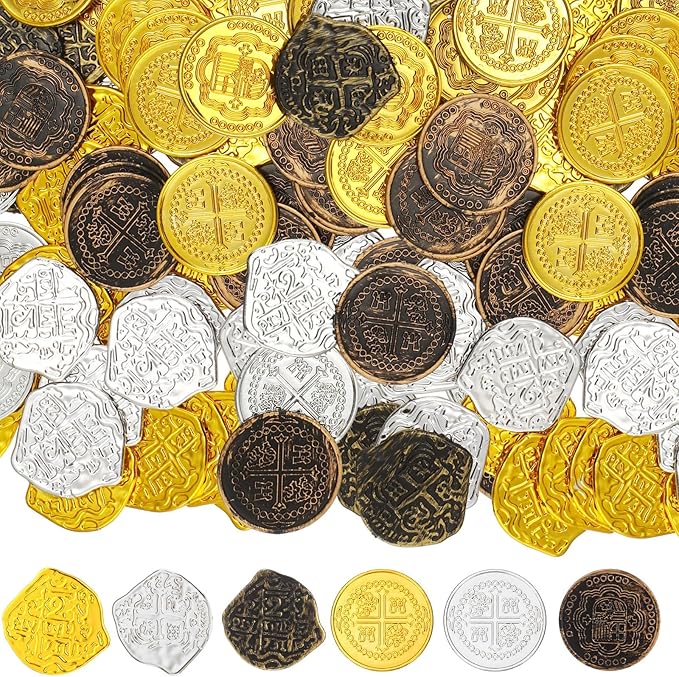 Hanaive 100 Pcs Pirate Coins Plastic Coins Kids Fake Play Coins Replica Spanish Doubloons St. Patrick's Coin for Pirate Party Treasure Chest Board Games Tokens Toys Cosplay (Gold, Silver, Bronze)