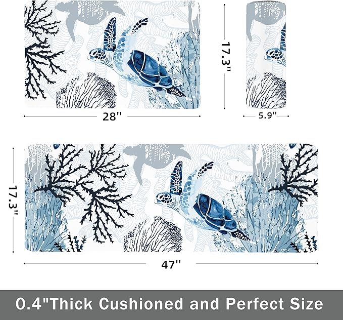 Coastal Beach Kitchen Floor Mat Rugs Nautical Decorative Coral Sea Turtle Kitchen Rugs Anti Fatigue Mats Non-Slip Comfort Standing Cushioned for Kitchen 17.3" 28" + 17.3" x 47" Set 2 Pcs Navy Blue