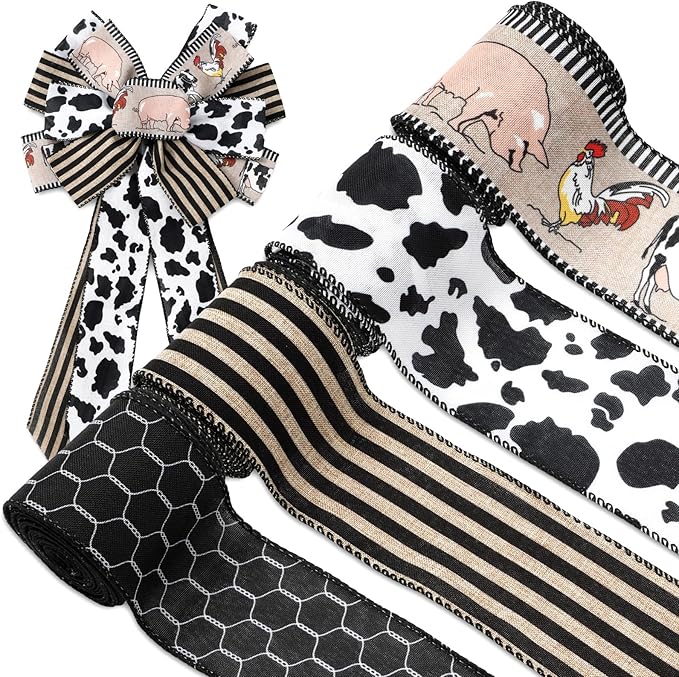 Farmhouse Animal Wired Edge Ribbons Cow Chick Pig Stripe Chicken Wire Decorative Fabric Wrapping Ribbons for DIY Crafts Wreath Bow Making Supplies, 4 Rolls, 24 Yard
