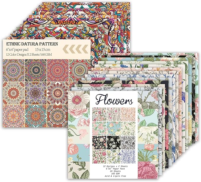 48 Sheets 24 Designs Scrapbook Paper Pad, 6"×6" Single-Sided Decopodge Craft Cardstock Paper,Scrapbooking DIY Decorative Background Cardmaking Supplies.Datura&Flowers
