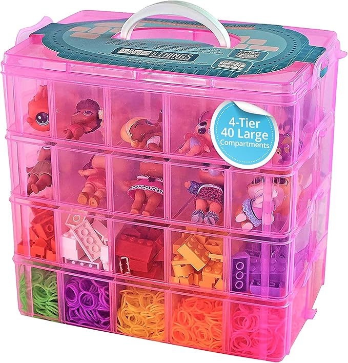 Bins & Things Bead Organizer with Adjustable Compartments - Durable Toy Organizers and Storage Solution for Dolls, Crafts, Mini Toy Figures, Jewelry and Beads - 4 Tier, 40 Compartments, Pink