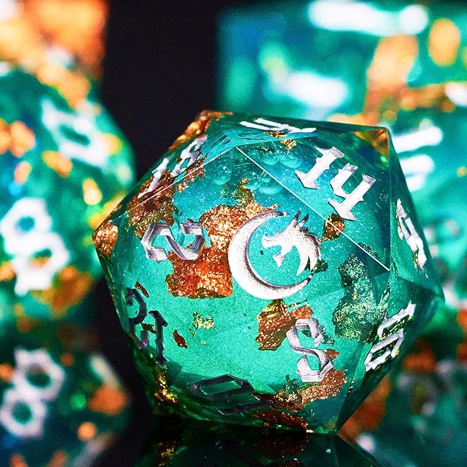 The Green Moon of Mystery Liquid Core DND Dice Set – Unique Resin Dice Set for Dungeons & Dragons – Galaxy Moon Dice for D&D Gifts