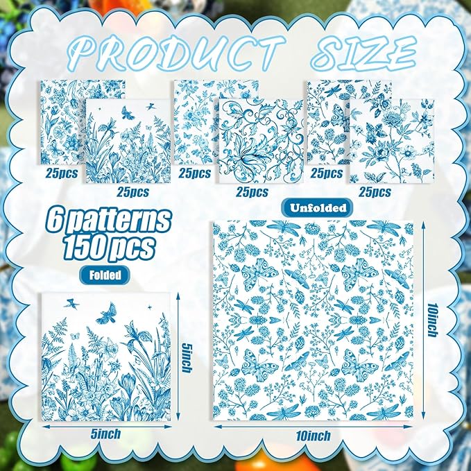 150 Pcs Blue Floral Cocktail Napkins 10 x 10 Inch 6 Styles Assorted Blue Flower Paper Disposable Napkins for Decoupage Home and Kitchen Bridal Baby Shower Tea Party Garden Party Birthday