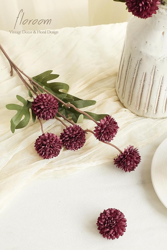 Floroom 5pcs Burgundy Faux Silk Mums Artificial Flowers, Bulk Fake Small Mini Chrysanthemums with Stems for DIY Wedding Centerpieces Floral Arrangements Vase Fillers Home Decorations