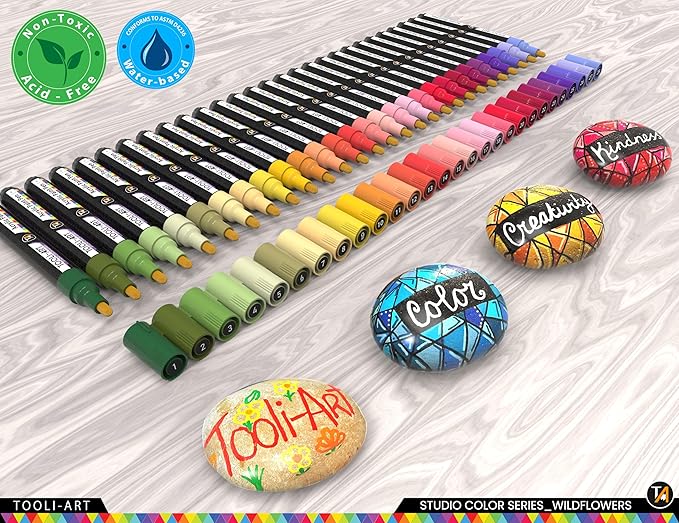 28 Wildflower Colors Acrylic Paint Pens Studio Color Series Markers Set 3mm Medium Tip, Rock Painting, Glass, Mugs, Wood, Metal, Canvas, DIY Projects, Detailing. Non Toxic, Waterbased, Quick Drying