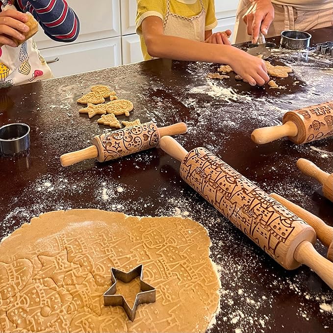 FLOWER MIX Embossing Rolling Pin with Flowers Pattern. Dough and Clay Roller for Embossed Cookies and Pottery. Cookie and Ceramic Stamp. Backing Gifts for Women by Algis Crafts