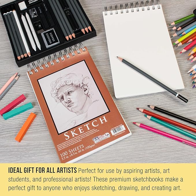 U.S. Art Supply 5.5"x8.5" Top Spiral Bound Sketch Book, 2 Pack, 100 Sheets Each, 60lb (100gsm), Acid-Free, Artist Sketchbook, Drawing Pad for Adults & Students