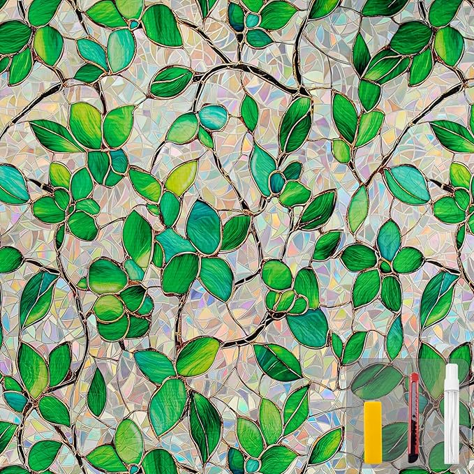 Window Privacy Film Stain Glass Window Film Rainbow Window Film Window clings Non-Adhesive Reusable Decorative for Room (Greenery Leaf, 45.2 x 78.7 in)