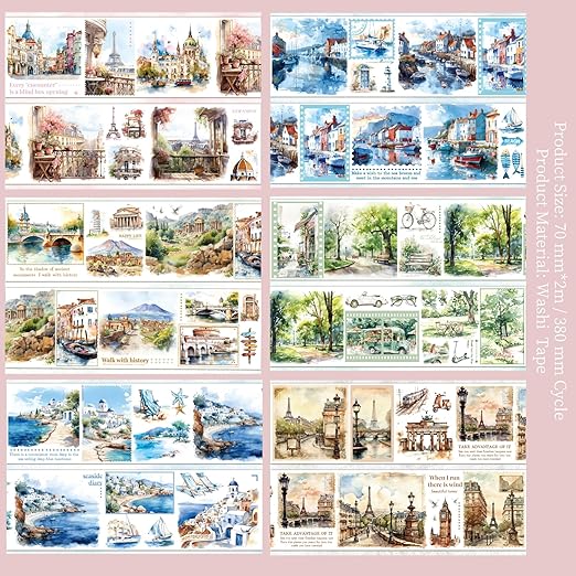 Washi Tape Set,6 Rolls Landscape Tape Stickers for Scrapbooking,Scrapbook Supplies,Junk Journal,Journaling Supplies,Planner,DIY Arts Crafts（Embrace The World）