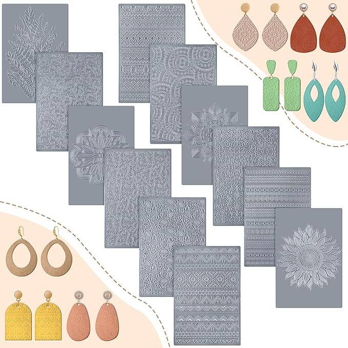 12 Pcs Polymer Clay Texture Sheets Mat Works with Polymer Clay Cutter Embossin Roller DIY Tools for Pottery Earrings Jewelry Making DIY Craft Supply