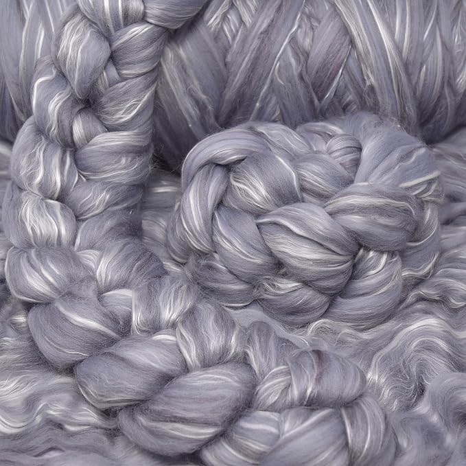 Merino Silk Luxe Tonal Designer Blend. Superfine Merino, Mulberry Silk, Tussah Silk. Top Roving for Spinning or Felting. Silver Mist 4oz