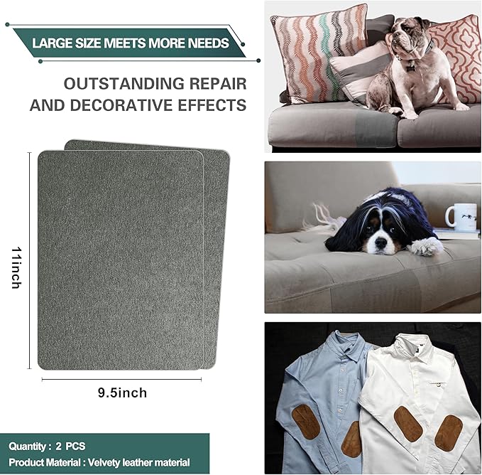 Azobur Couch Patch Repair Fabric,Microfiber Fabric, Self-Adhesive, for Sofa Repair and Upholstery, 2 Pieces, 9.5 x 11 inches (Gray)