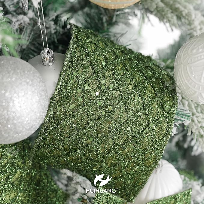 HUIHUANG Moss Green Wired Christmas Ribbon 4 inch Moss Glitter Wired Ribbon Diamond Mesh Wire Ribbon for X-mas Tree Decorations, Wreaths, Garland, Large Bows Making, Home Decor -10 Yards