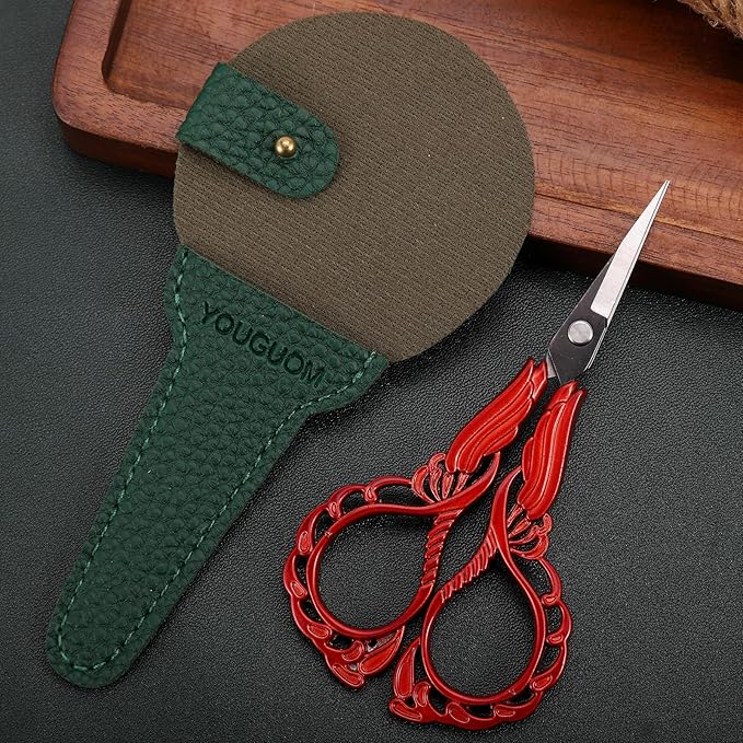 Small Embroidery Scissors Sewing Crafting Scissor Sharp Tip Shears for Needlework Threading Craft Artwork DIY Tools, 4.3in Vintage Red Scissors W/Sheath