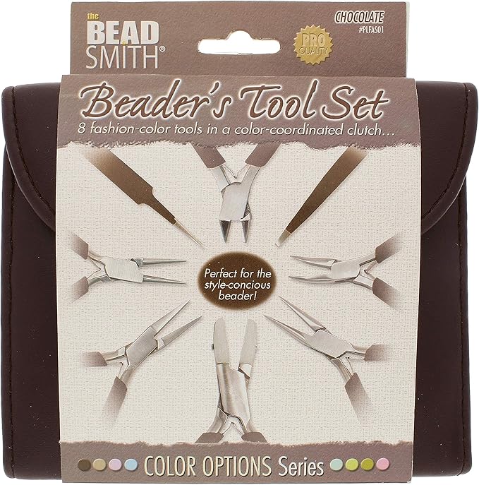 The Beadsmith Fashion Color Pliers – Set of 8 Slimline Color-Coordinated Tools – Matching Clutch in Chocolate – Jewelry Making Supply Kit to Create Necklaces, Bracelets, Earrings & More