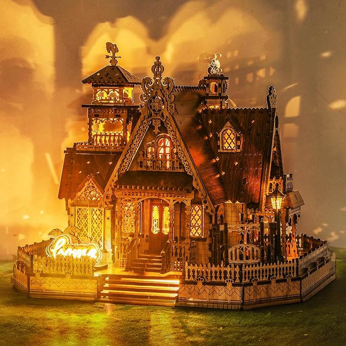 LED 3D Wood Puzzle Countryside Cottage Model - DIY Miniature Building Kit with Spark LED Lights - 3D Craft Rural Architecture Home Décor Gift for Adults