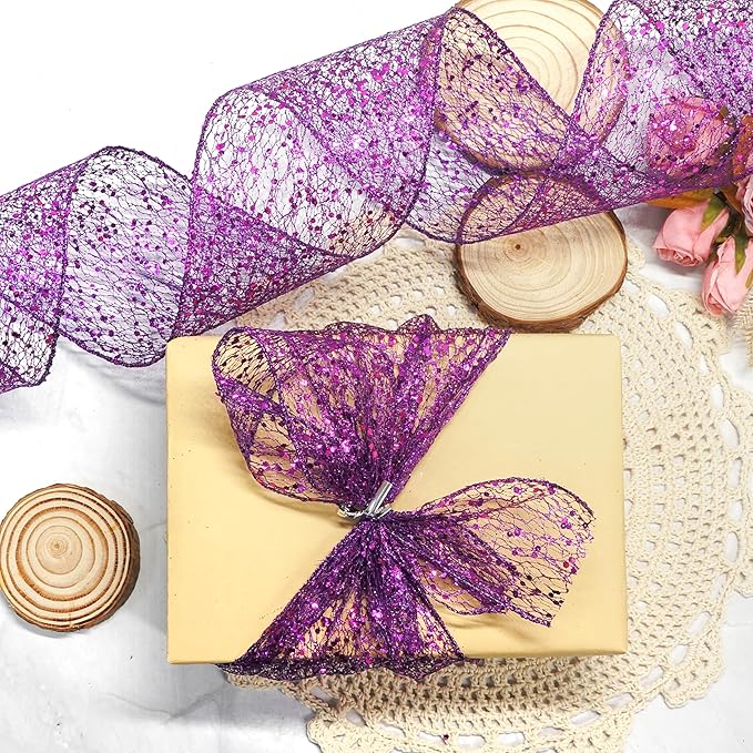 CT CRAFT LLC Sparkling Glitter Mesh Wired Ribbon 4" x 10 Yards Purple for Christmas Home Decor Bow Gift Wrapping DIY Crafts Wreath