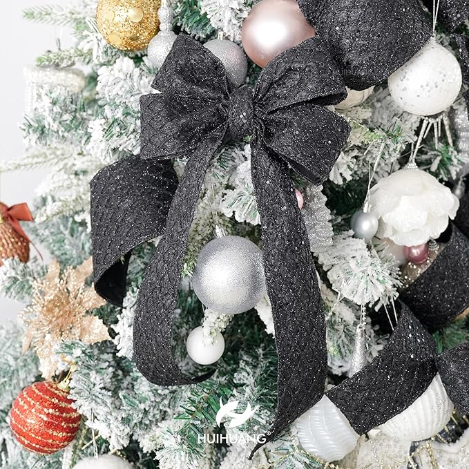 HUIHUANG Glitter Black Wired Ribbon for Christmas Tree 2.5 inch Black Diamond Mesh Wire Ribbon for Tree Decoration, Wreaths, Garland, Gift Wrapping, Bows Making, Halloween Decor -10 Yards