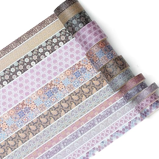 12 Rolls Exotic Charm Washi Tape Set Floral Arts Adhesive Tapes Geometric Garden Decorative Masking Tape Sets for Craft, Kids, Scrapbook, DIY, Gift Wrapping (Amethyst Elegance)