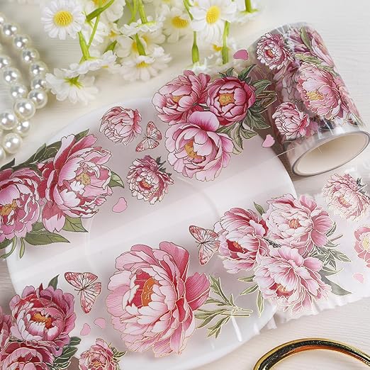 PET Tapes - Pink Flower Scrapbook Supplies, Transparent Floral Tapes for Junk Journal Planner