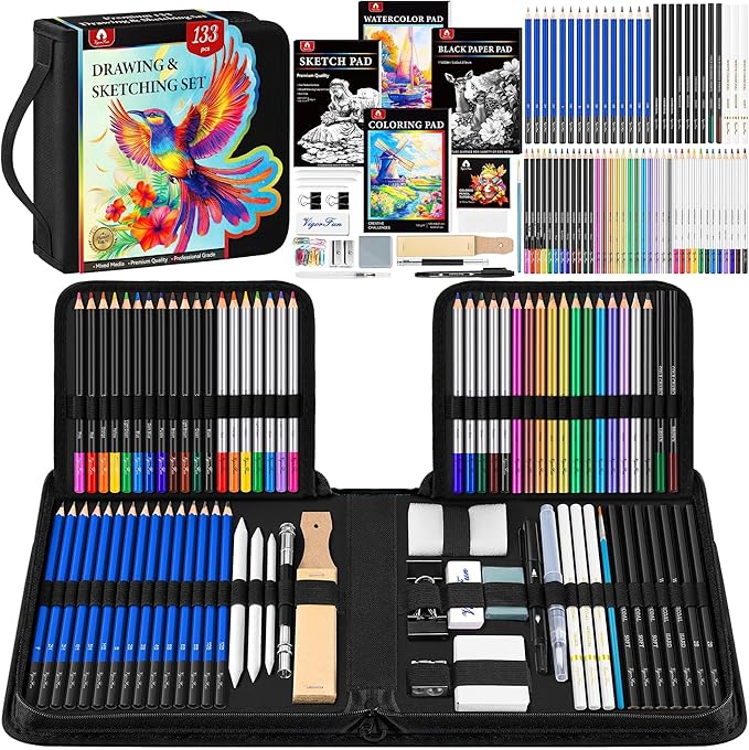 133 PCS Art Supplies Sketching Kit, Pro Drawing Pencils with Sketchbook, Coloring Book, Watercolor Pad, Black Paper Pad, Colored Graphite Charcoal Watercolor & Metallic Pencils for Artists Adults Kids