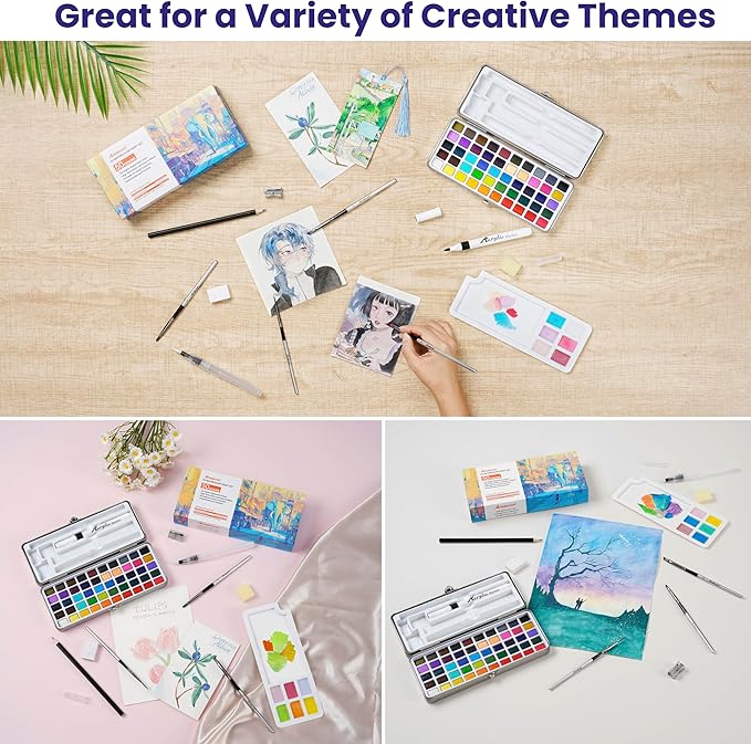 Watercolor Paint Set, 50 Colors, 4 Brushes, 3 Swatch Cards, Palette, Acrylic Marker Pen, and Accessories Included, All in One Portable Travel Watercolor Kit, Art Supplies Gift for Kids, Adults, Artists, and Hobbyists