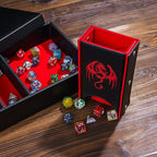 4 in 1 D&D Storage Dice Box Portable Rolling Tray and Dice Tower, Leather DND Holder Case for Role Playing Games Table Games - Red