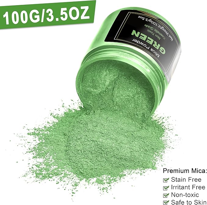 Green Mica Powder Pigment (100g) -Cosmetic Grade Metallic Mica Powder for Epoxy Resin, Lip Gloss, Soap,Candle Making, Bath Bombs,Tumblers, Jewelry, Dyes, and DIY Crafting Projects(Green, 3.5oz)